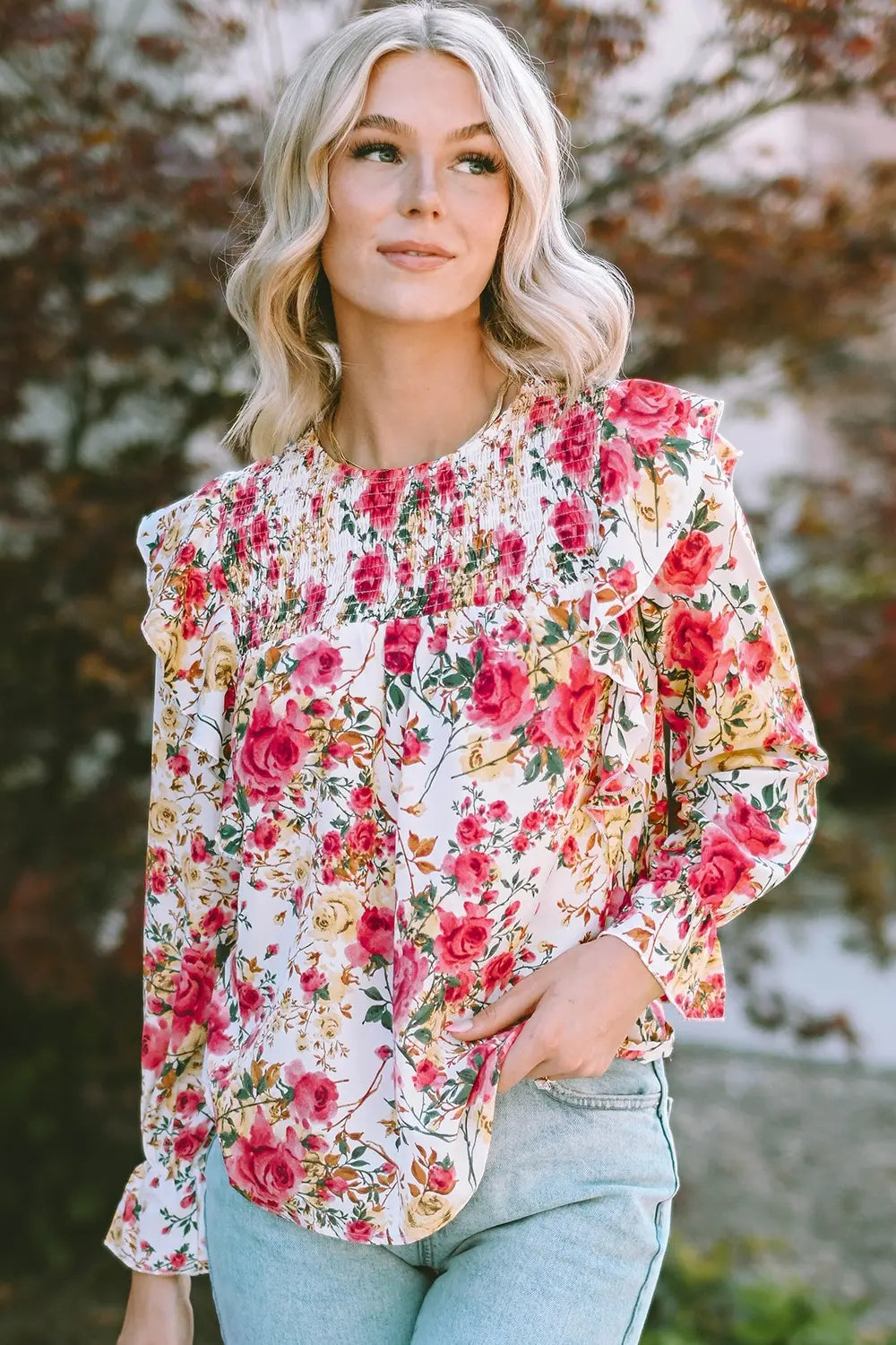 Floral Round Neck Smocked Blouse - Roe Creation