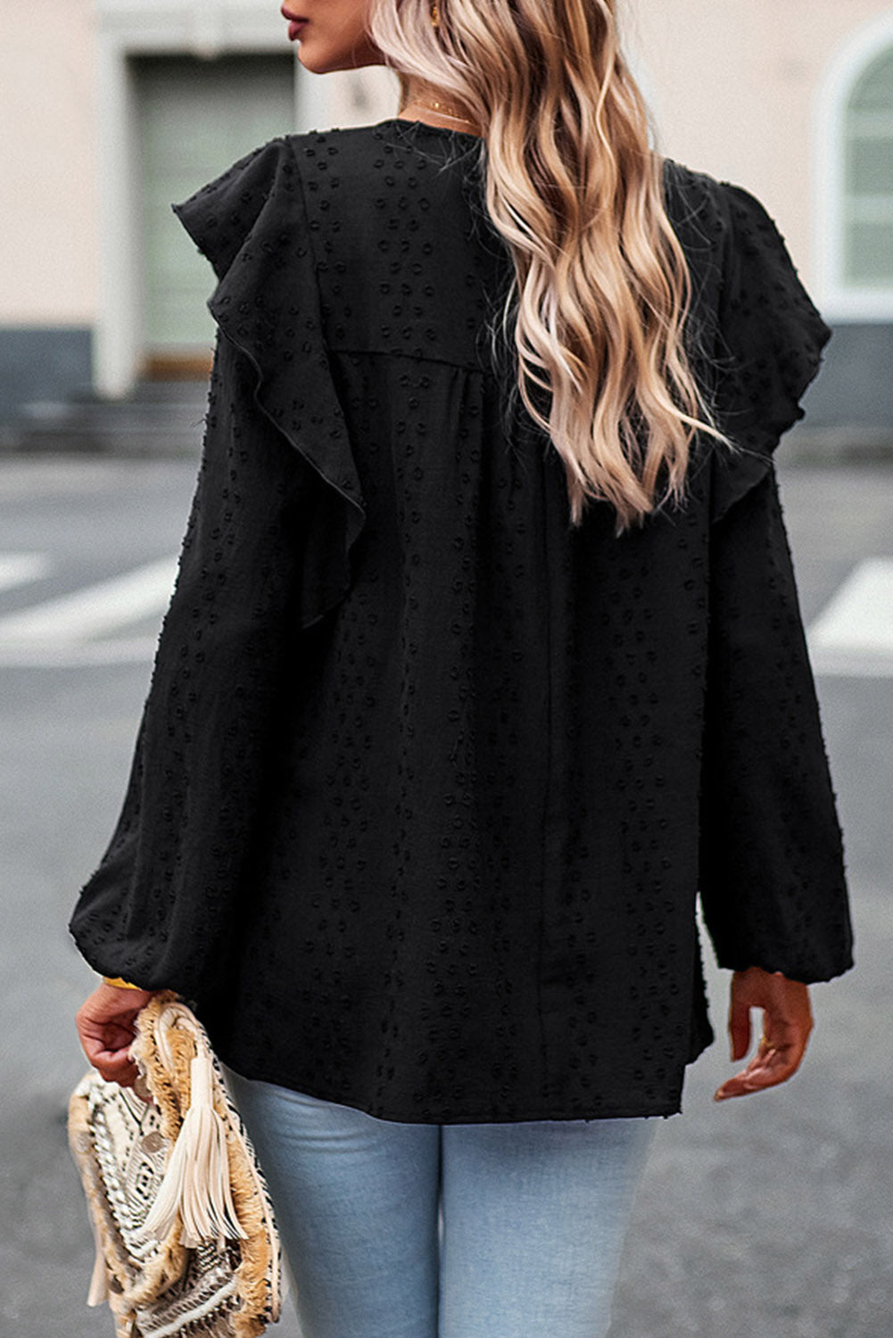 Women’s Round Neck Ruffled Blouse with Lace Detail – Elegant Casual Top - Roe Creation