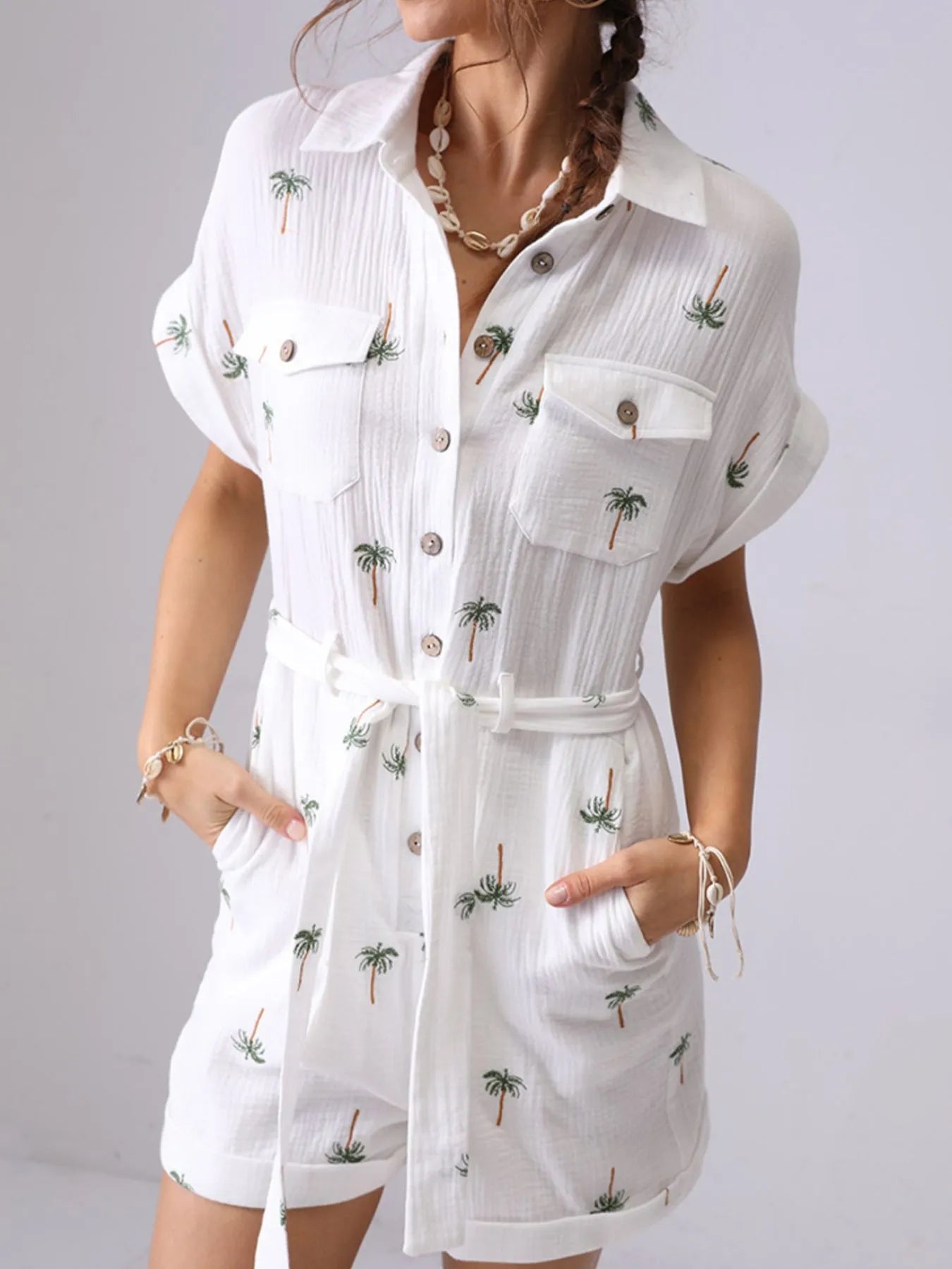 Palm Tree Print Short Sleeve Button-Up Romper with Belt - Roe Creation