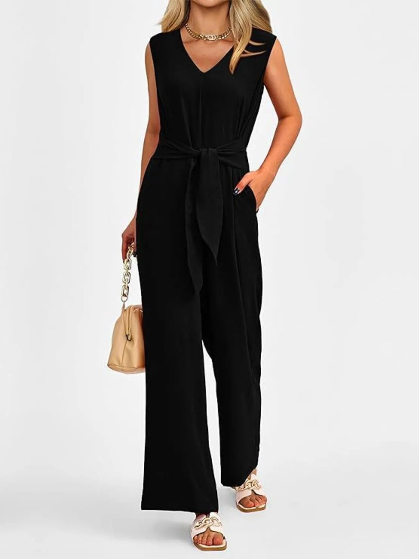 V-Neck Sleeveless Wide-Leg Jumpsuit with Waist Tie - Roe Creation