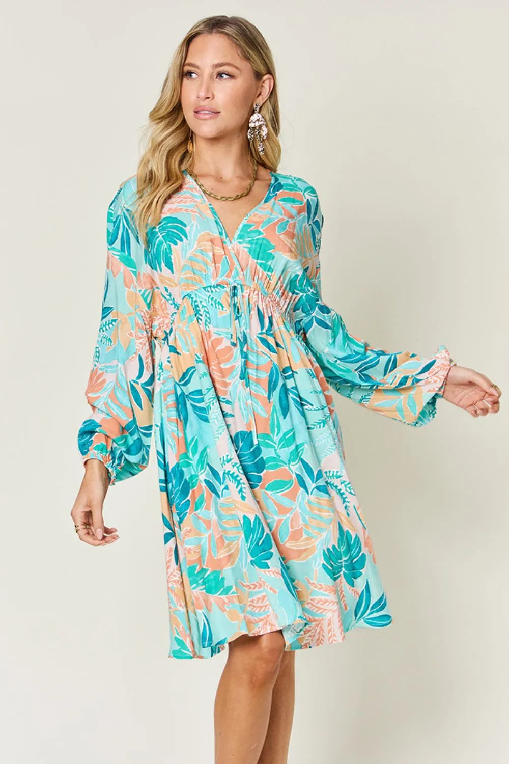 Double Take Full Size Printed V-Neck Drawstring Dress - Roe Creation