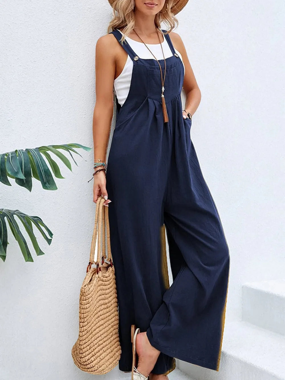 Full Size Square Neck Wide Strap Overalls - Roe Creation