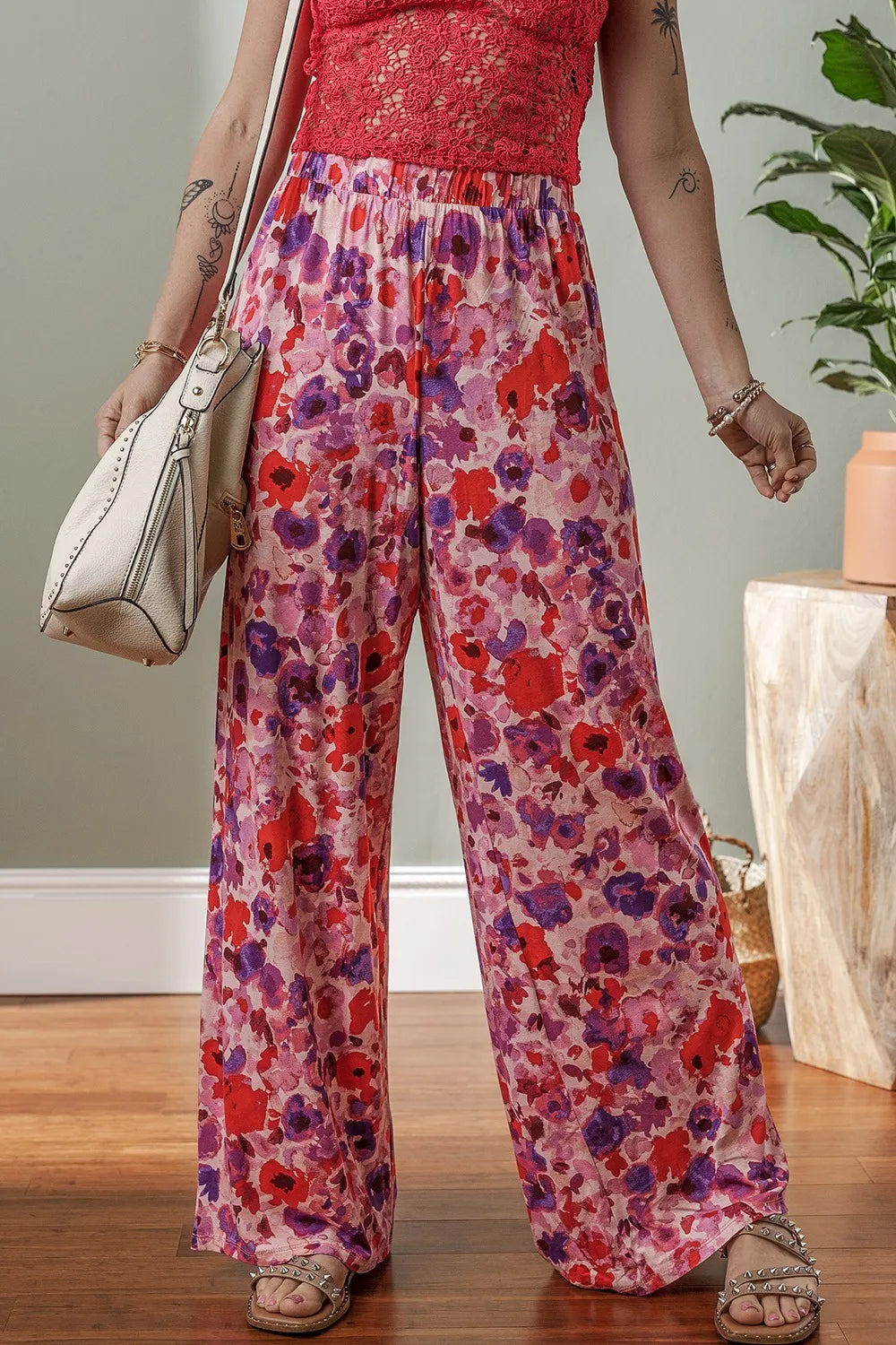Floral Wide Leg Elastic High Waist Pants - Roe Creation