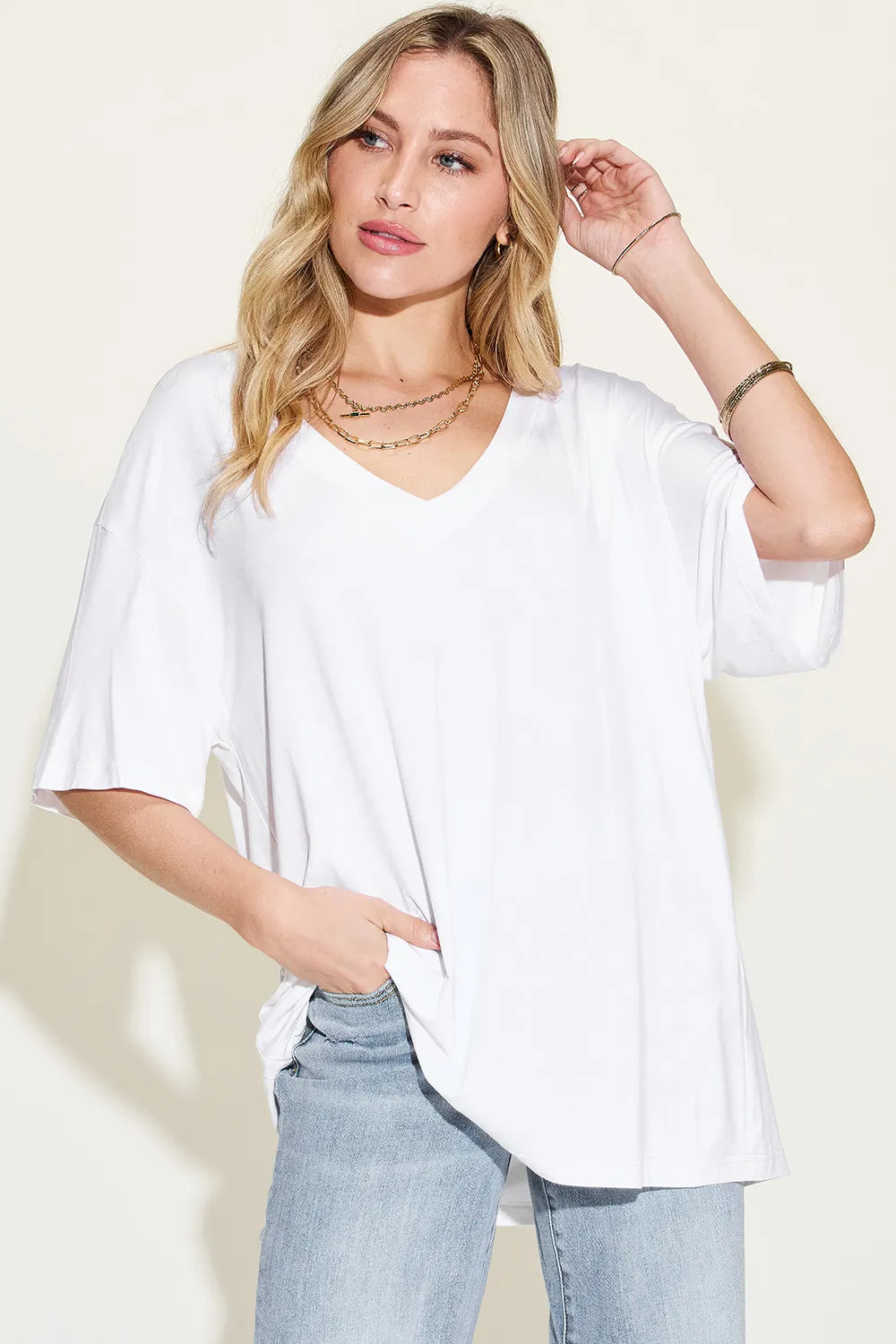 Basic Bae Full Size Bamboo V-Neck Drop Shoulder T-Shirt - Roe Creation