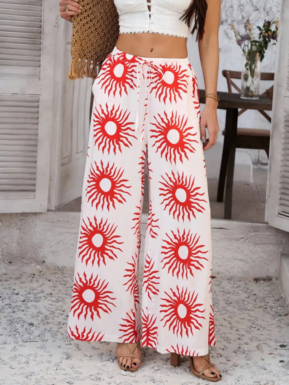 Devine Drawstring Printed Wide Leg Pants - Roe Creation