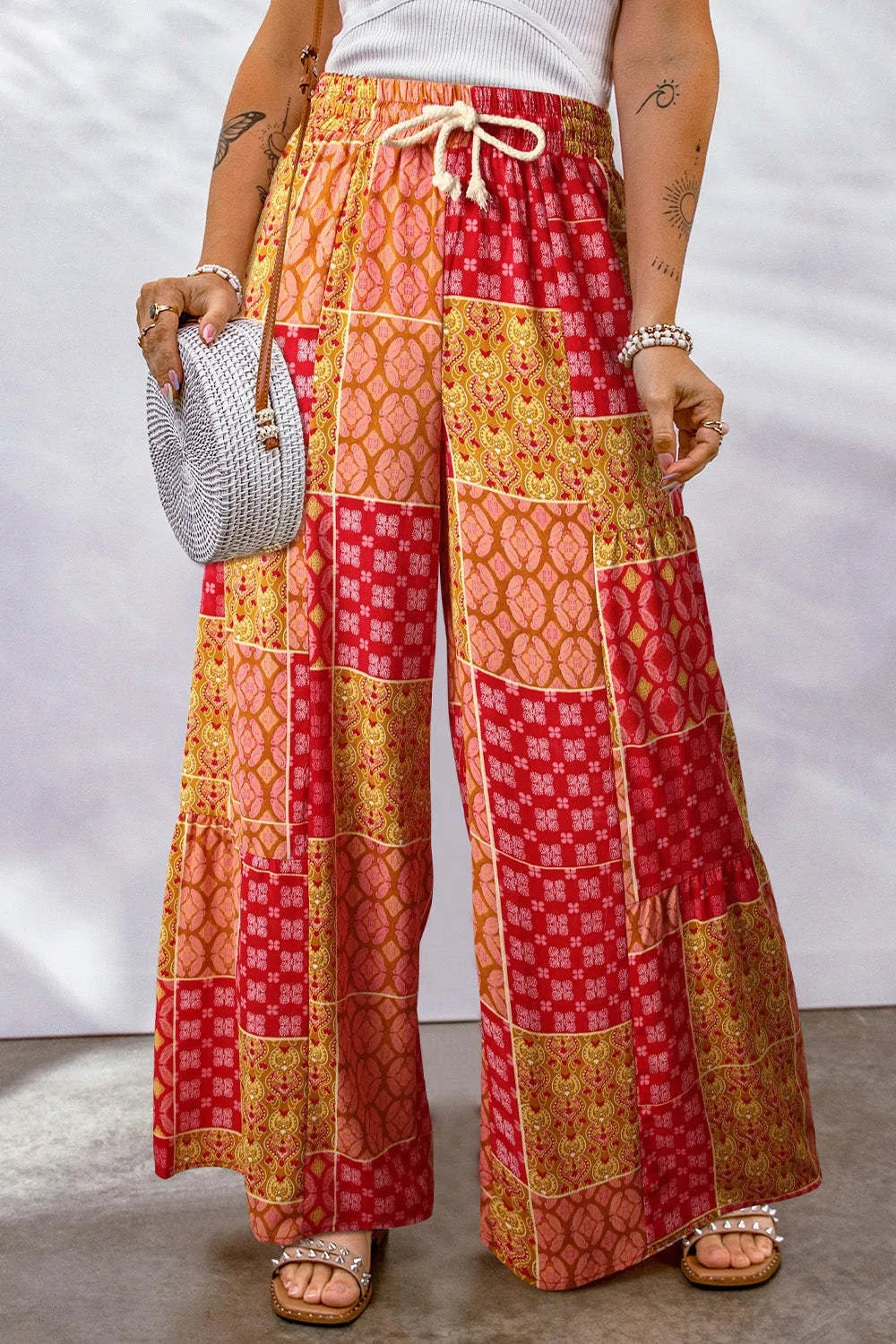 Full Size Drawstring Printed Wide Leg Pants - Roe Creation