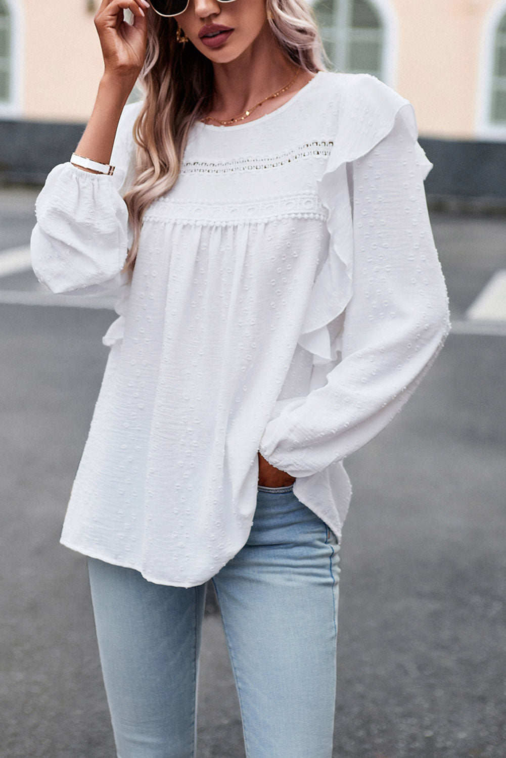 Women’s Round Neck Ruffled Blouse with Lace Detail – Elegant Casual Top - Roe Creation