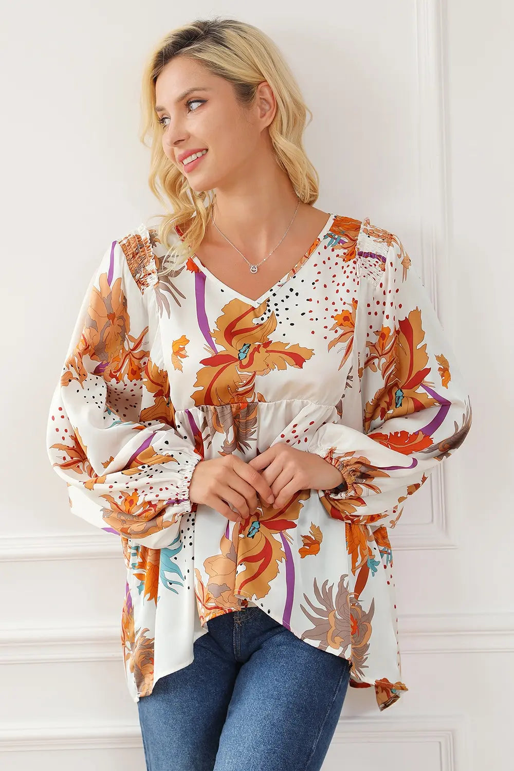 Printed V-Neck Smocked Balloon Sleeve Blouse - Roe Creation