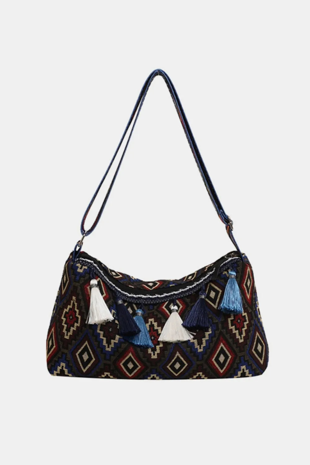 Retro Patterned Shoulder Bag with Tassel and Adjustable Strap - Roe Creation