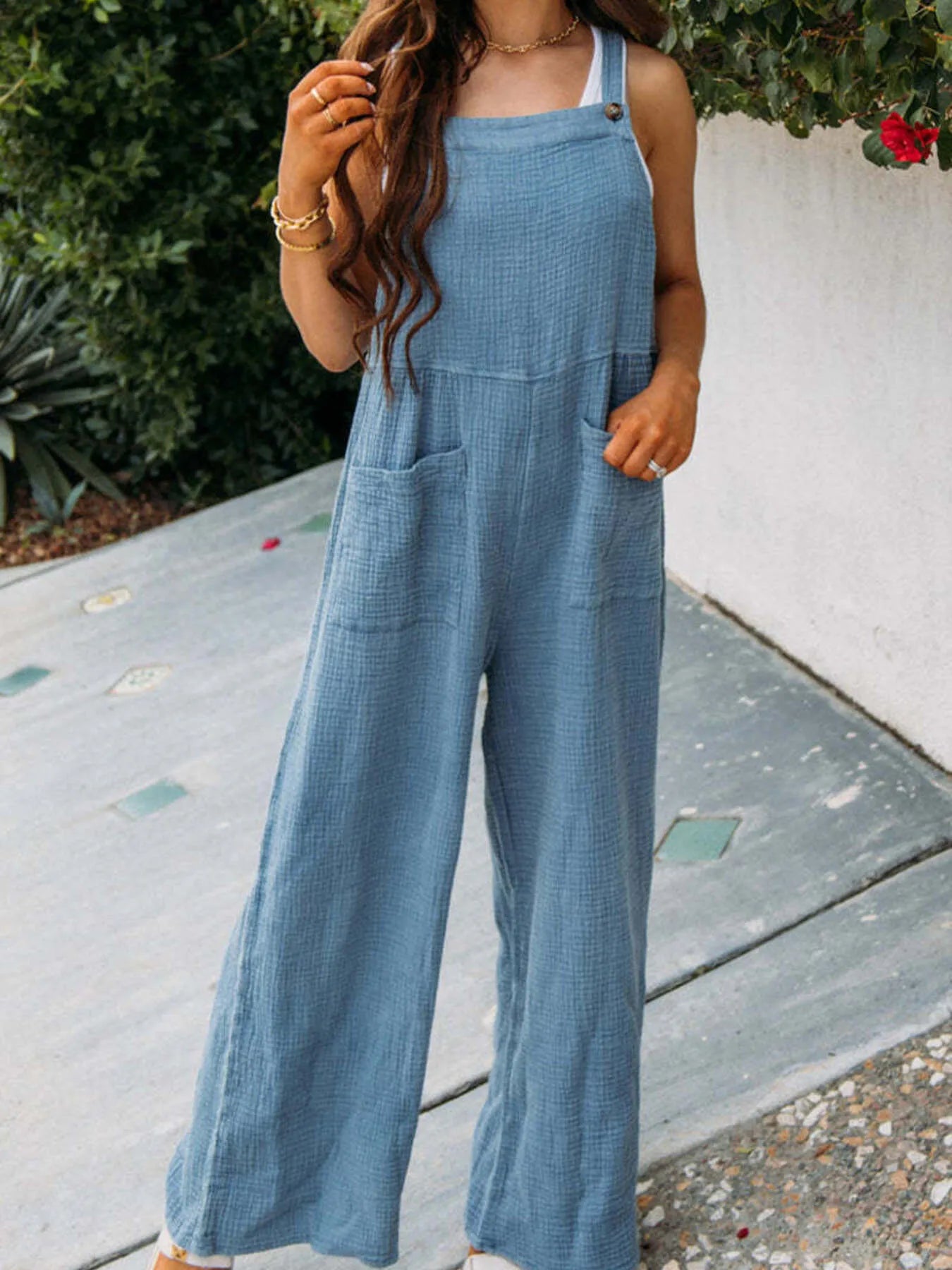 Full Size Casual Wide Leg Textured Overalls Plus Size - Roe Creation