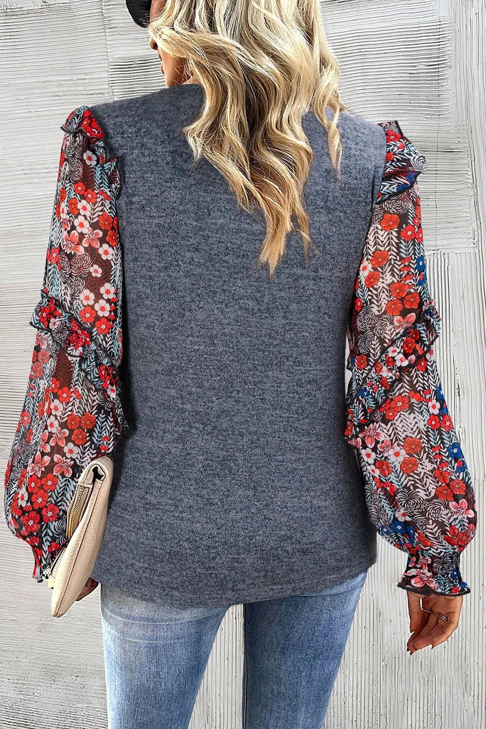 Heathered Floral Frill Lantern Sleeve Blouse - Roe Creation