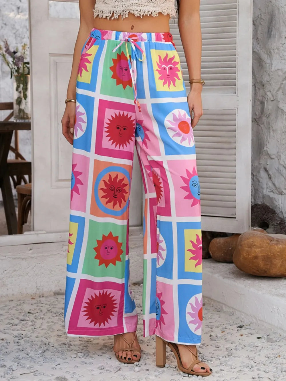 Devine Drawstring Printed Wide Leg Pants - Roe Creation