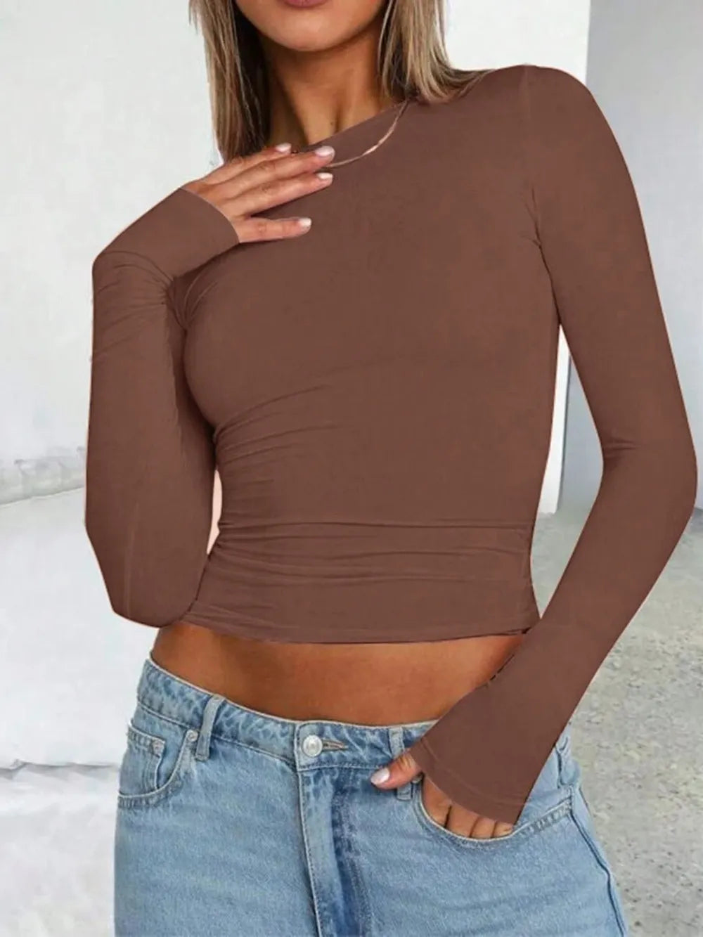 Solid Color Round Neck Long Sleeve T-Shirt - Roe Creation
