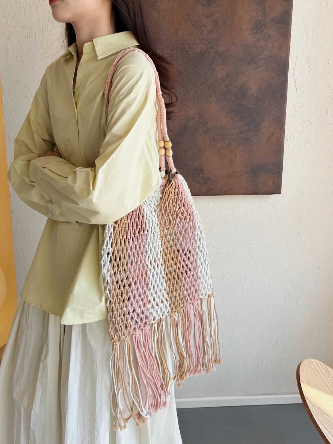 Woven Fringe Shoulder Bag with Wooden Handle - Roe Creation