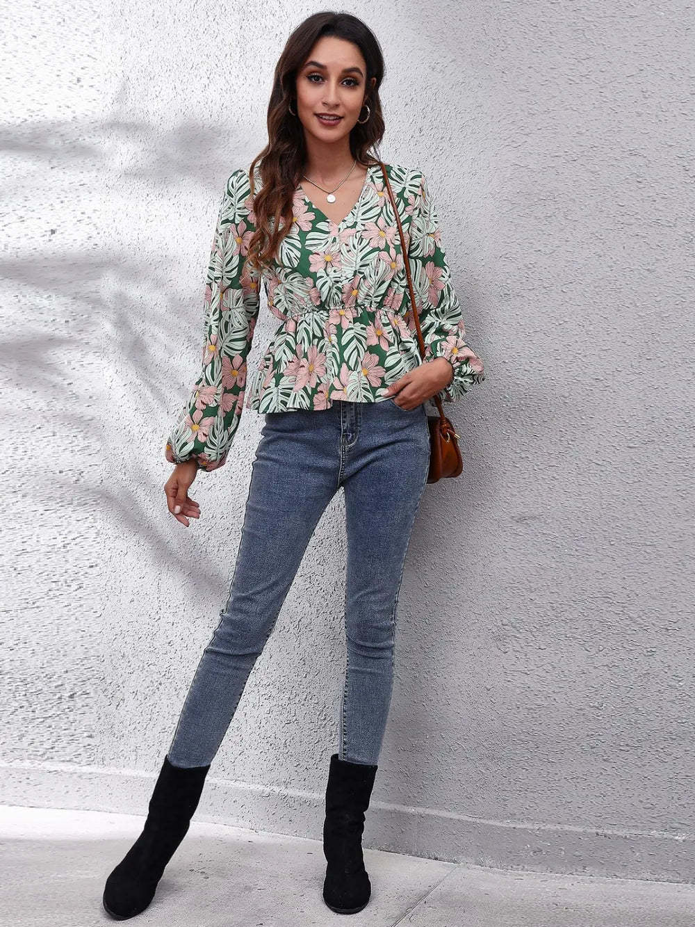 Floral V-Neck Peplum Blouse with Balloon Sleeves - Roe Creation