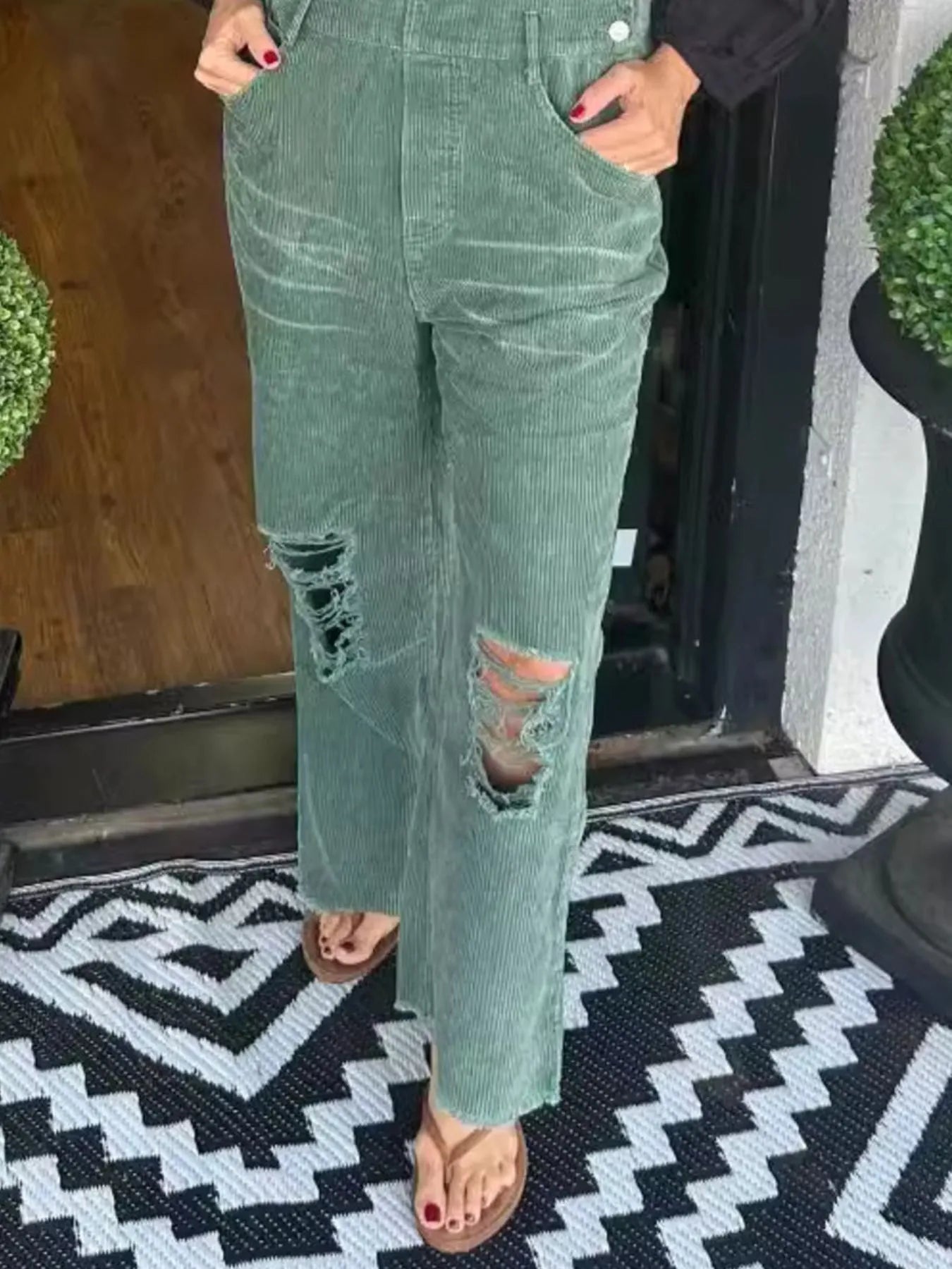 Distressed Wide Leg Corduroy Overalls - Roe Creation