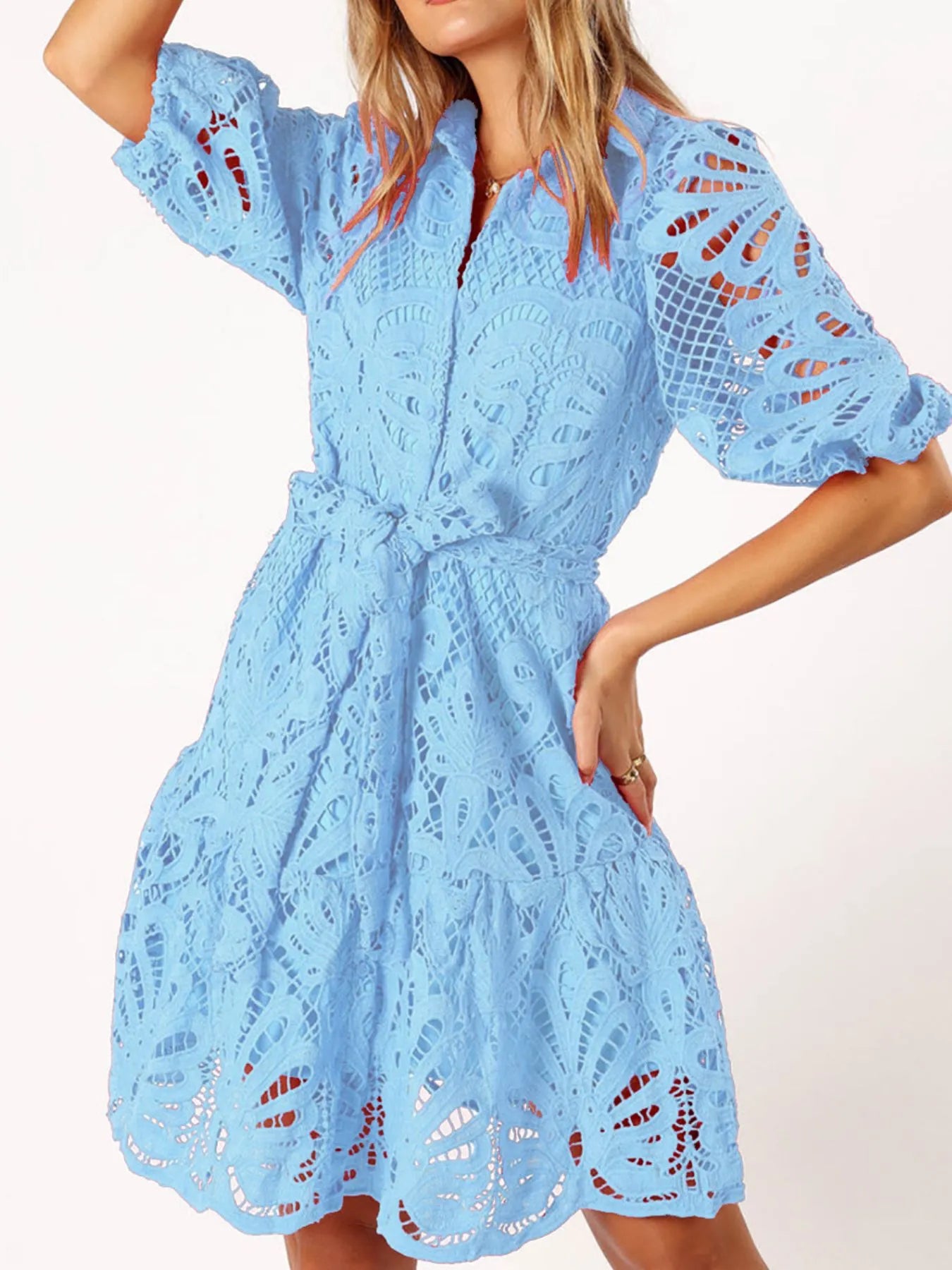 Lace Tie Waist Half Sleeve Dress - Roe Creation
