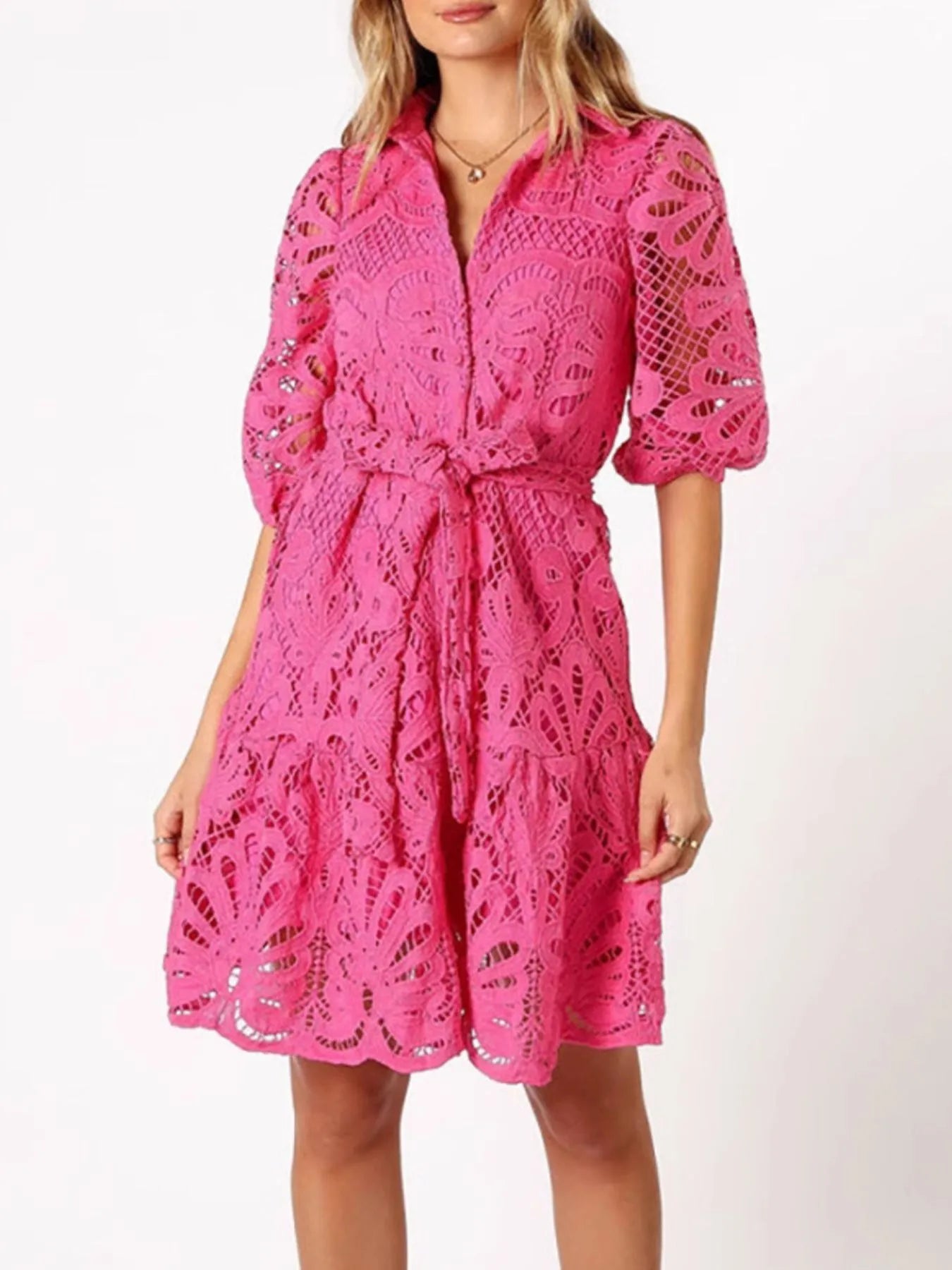 Lace Tie Waist Half Sleeve Dress - Roe Creation