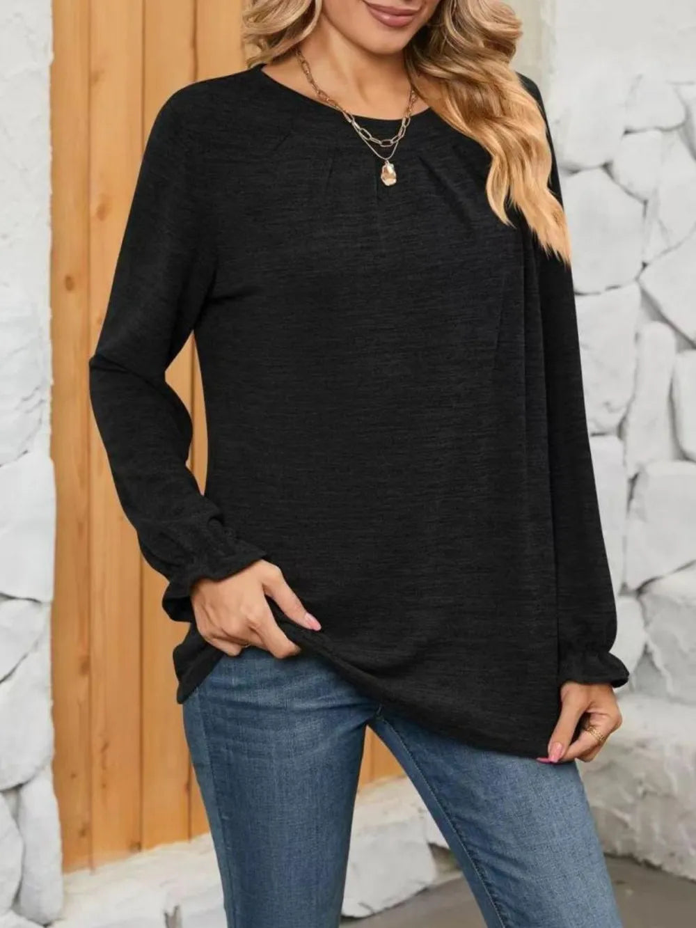 Ruched Round Neck Long Sleeve T-Shirt - Roe Creation