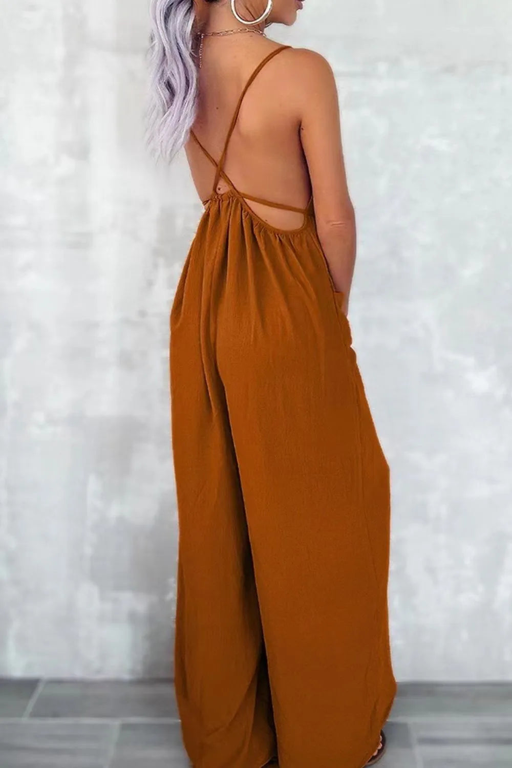 Casual Spaghetti Strap Wide Leg Jumpsuit with Pockets - Roe Creation