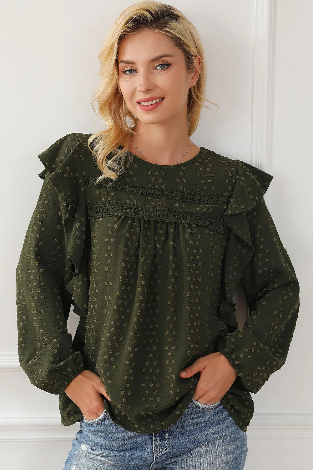 Women’s Round Neck Ruffled Blouse with Lace Detail – Elegant Casual Top - Roe Creation
