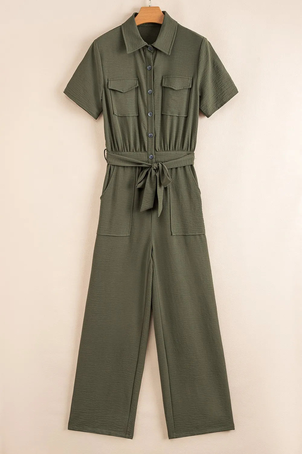 Half Button Belted Utility Short Sleeve Jumpsuit - Roe Creation