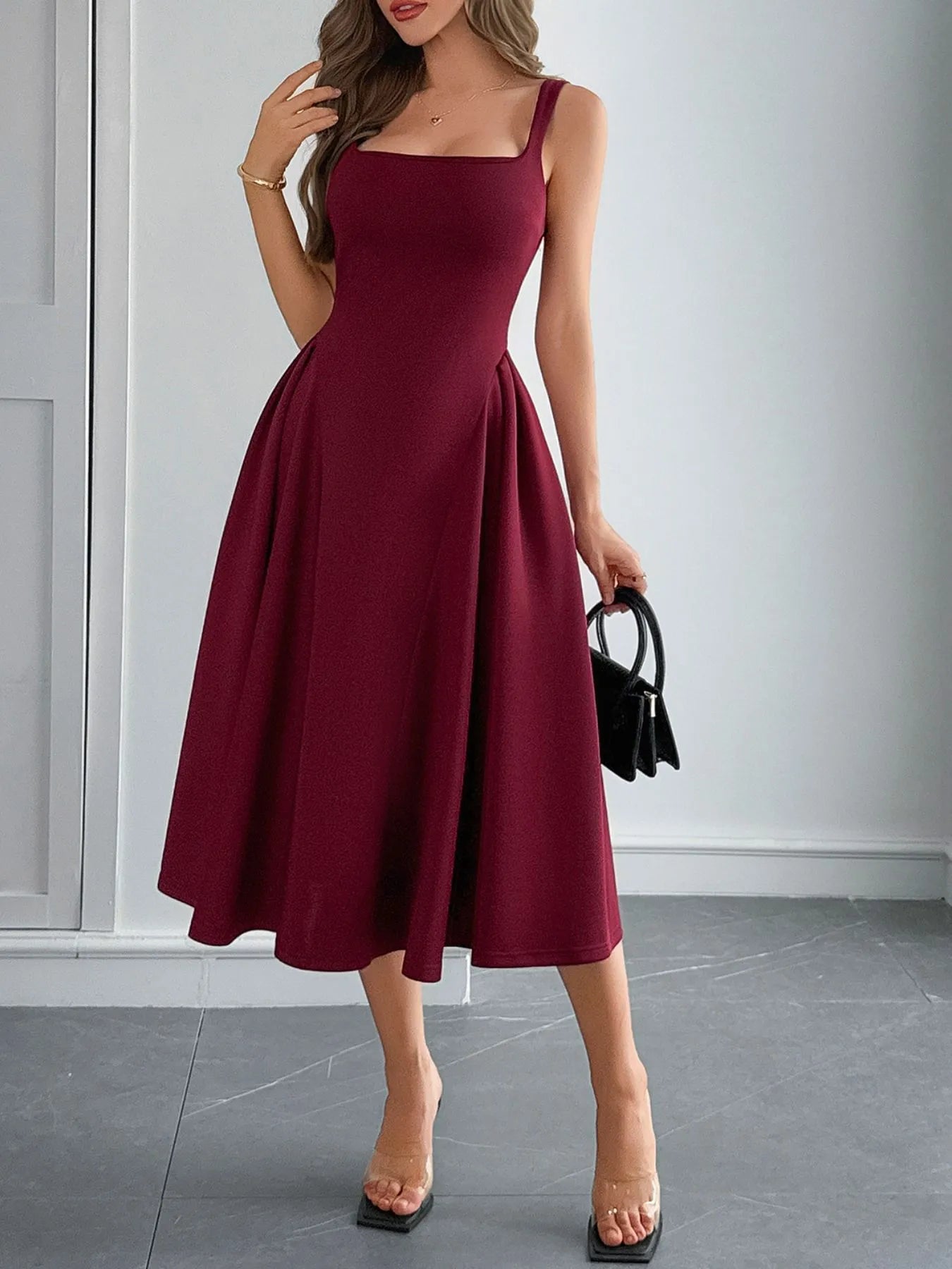 Square Neck Wide Strap Midi Dress - Roe Creation