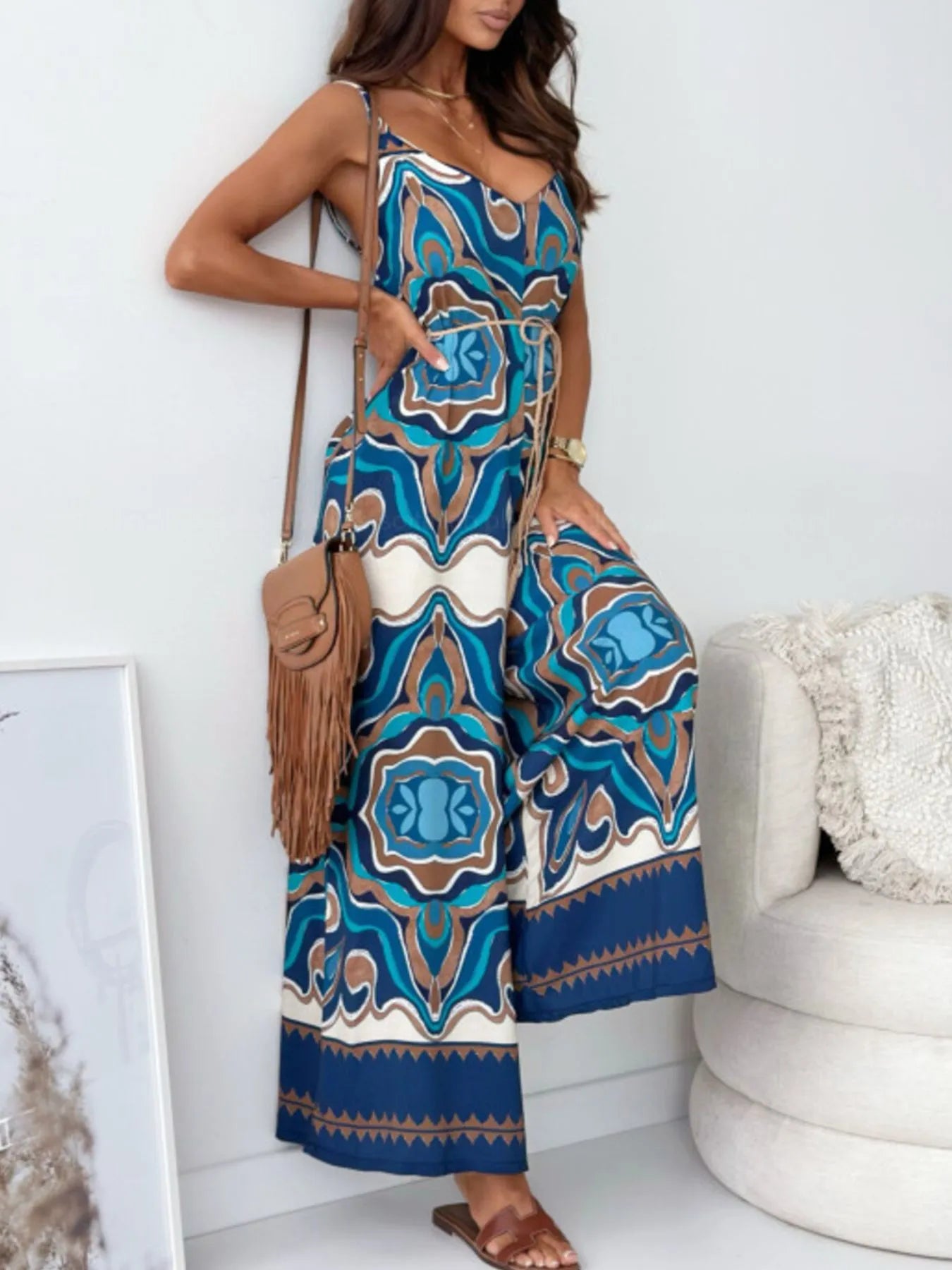 Paisley Print Spaghetti Strap Wide Leg Jumpsuit - Roe Creation