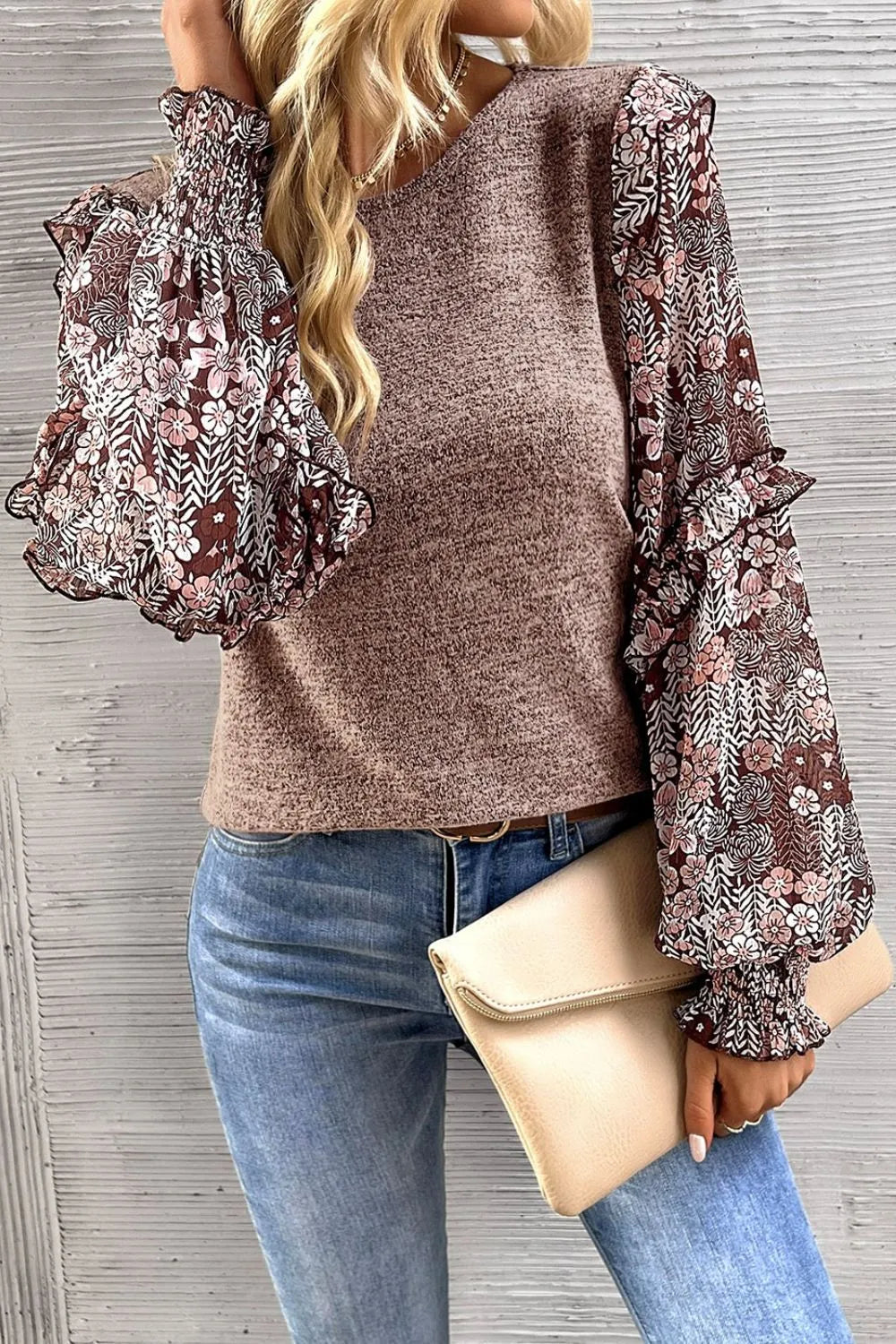 Heathered Floral Frill Lantern Sleeve Blouse - Roe Creation