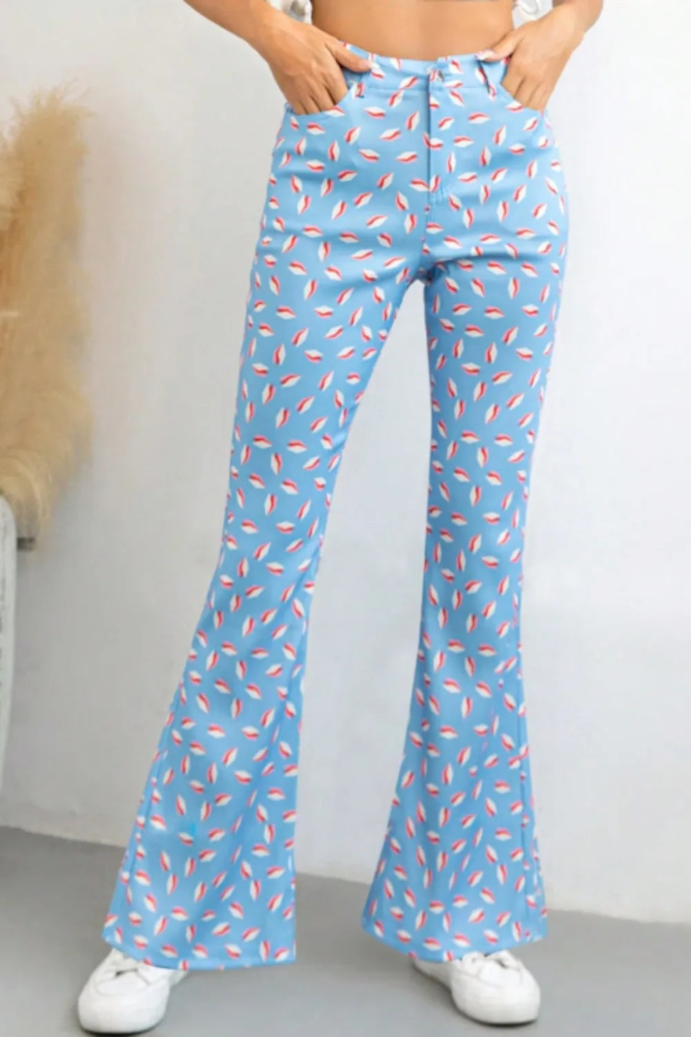Printed High Waist Flare Pants with Functional Pockets – Women’s Trendy Trousers - Roe Creation