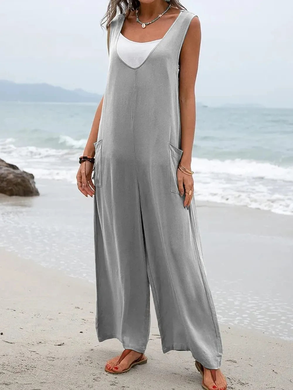 Full Size Wide Strap Jumpsuit with Pockets - Roe Creation