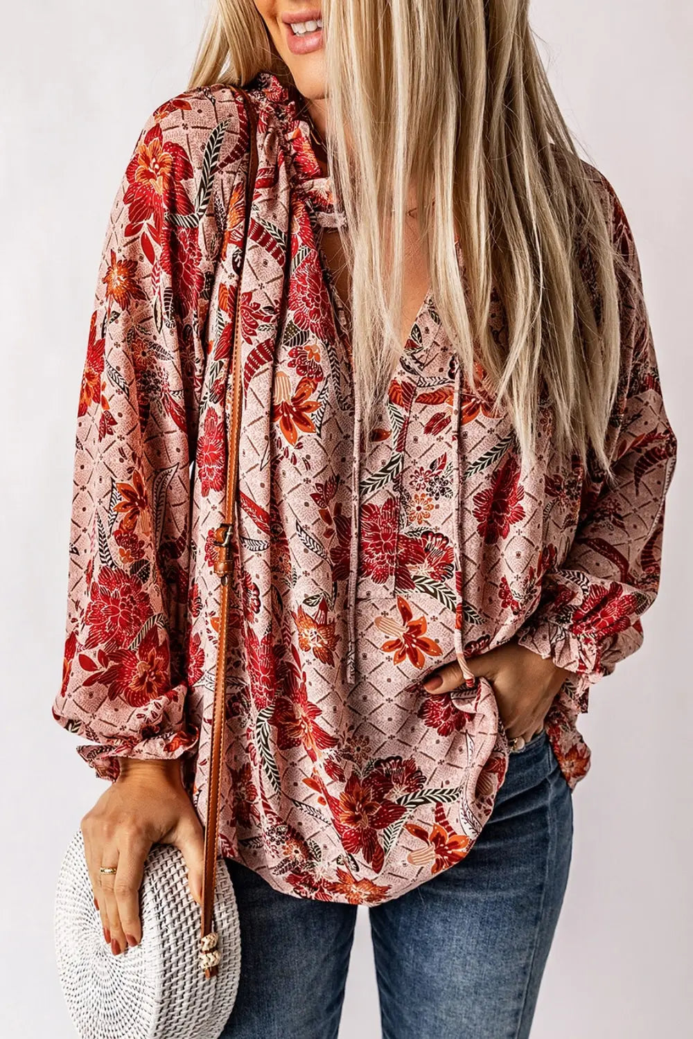 Women’s Floral Tie Neck Blouse with Flounce Sleeves – Elegant Spring Top - Roe Creation