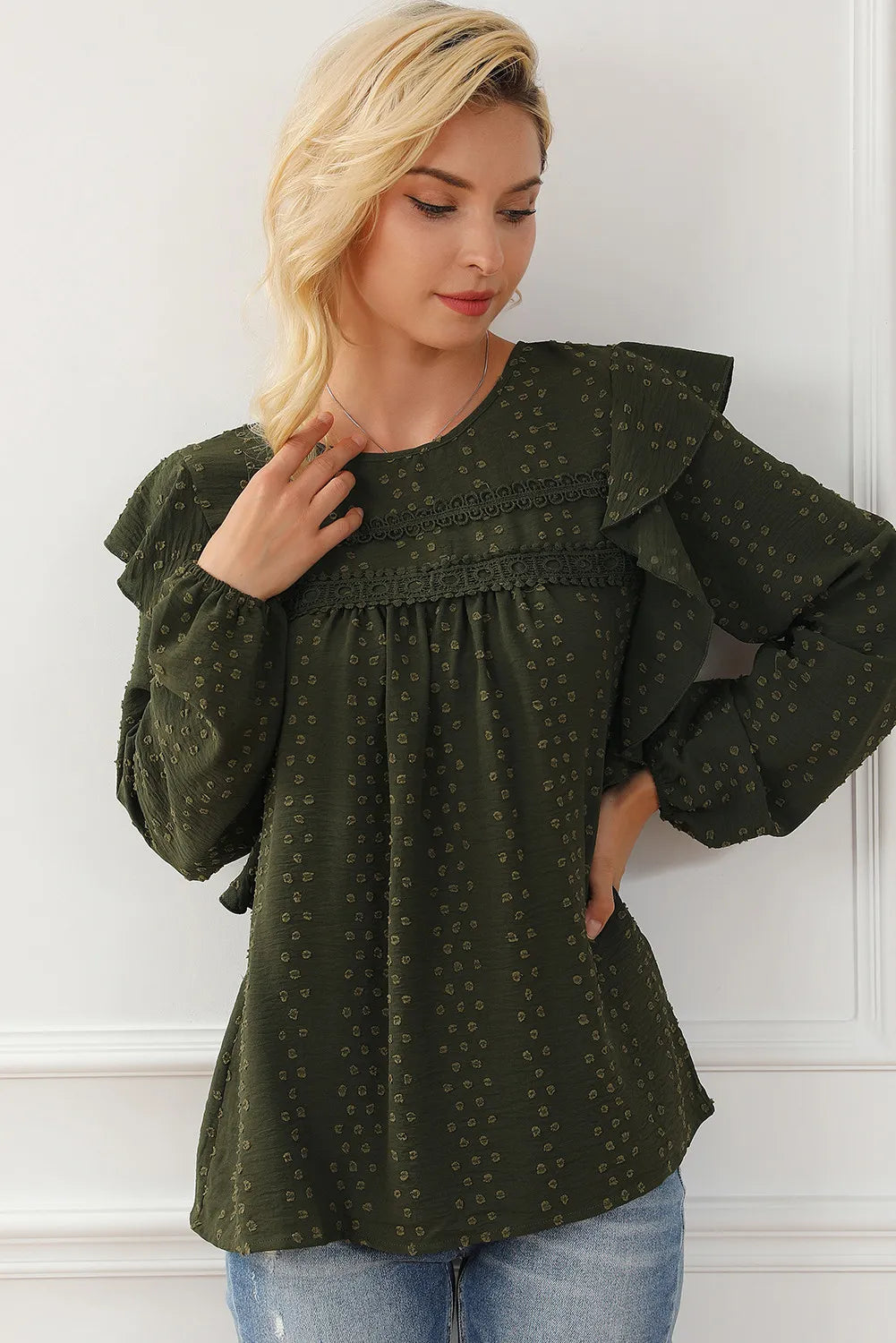 Women’s Round Neck Ruffled Blouse with Lace Detail – Elegant Casual Top - Roe Creation
