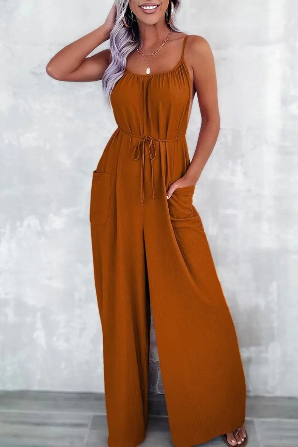 Casual Spaghetti Strap Wide Leg Jumpsuit with Pockets - Roe Creation