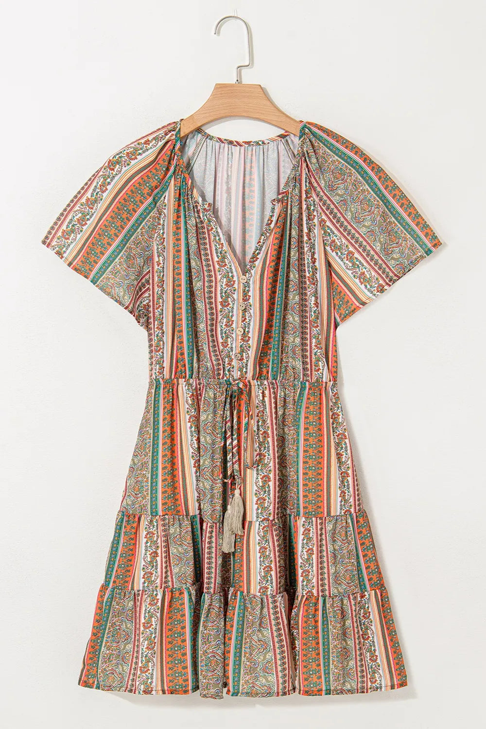 Bohemian Floral Print Buttoned V Neck Ruffle Tiered Dress - Roe Creation