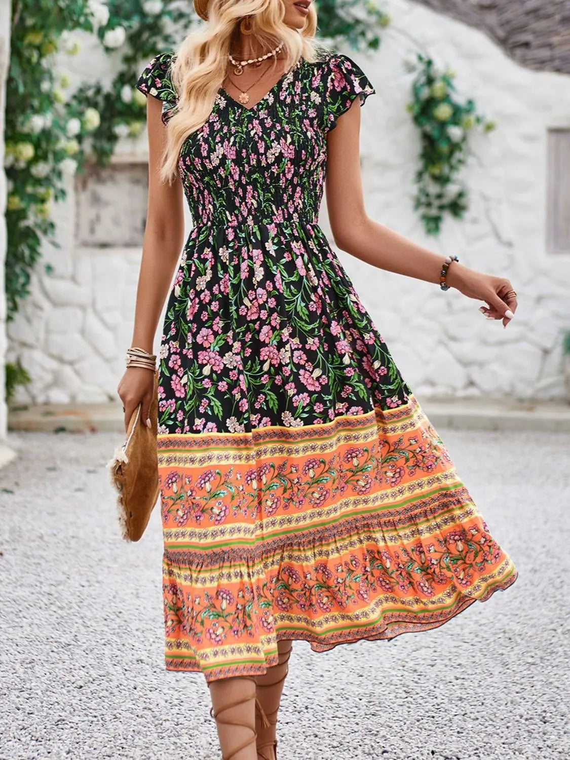 Printed Round Neck Cap Sleeve Dress - Roe Creation