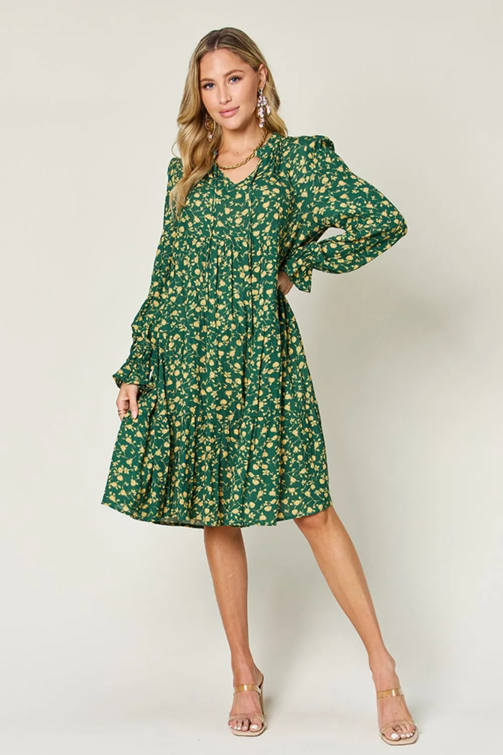 Double Take Full Size Printed Ruffle Hem Long Sleeve Tiered Dress - Roe Creation
