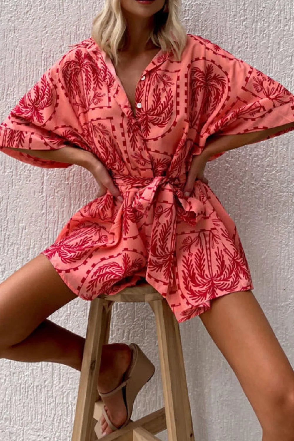 Printed Tie Waist Romper - Roe Creation