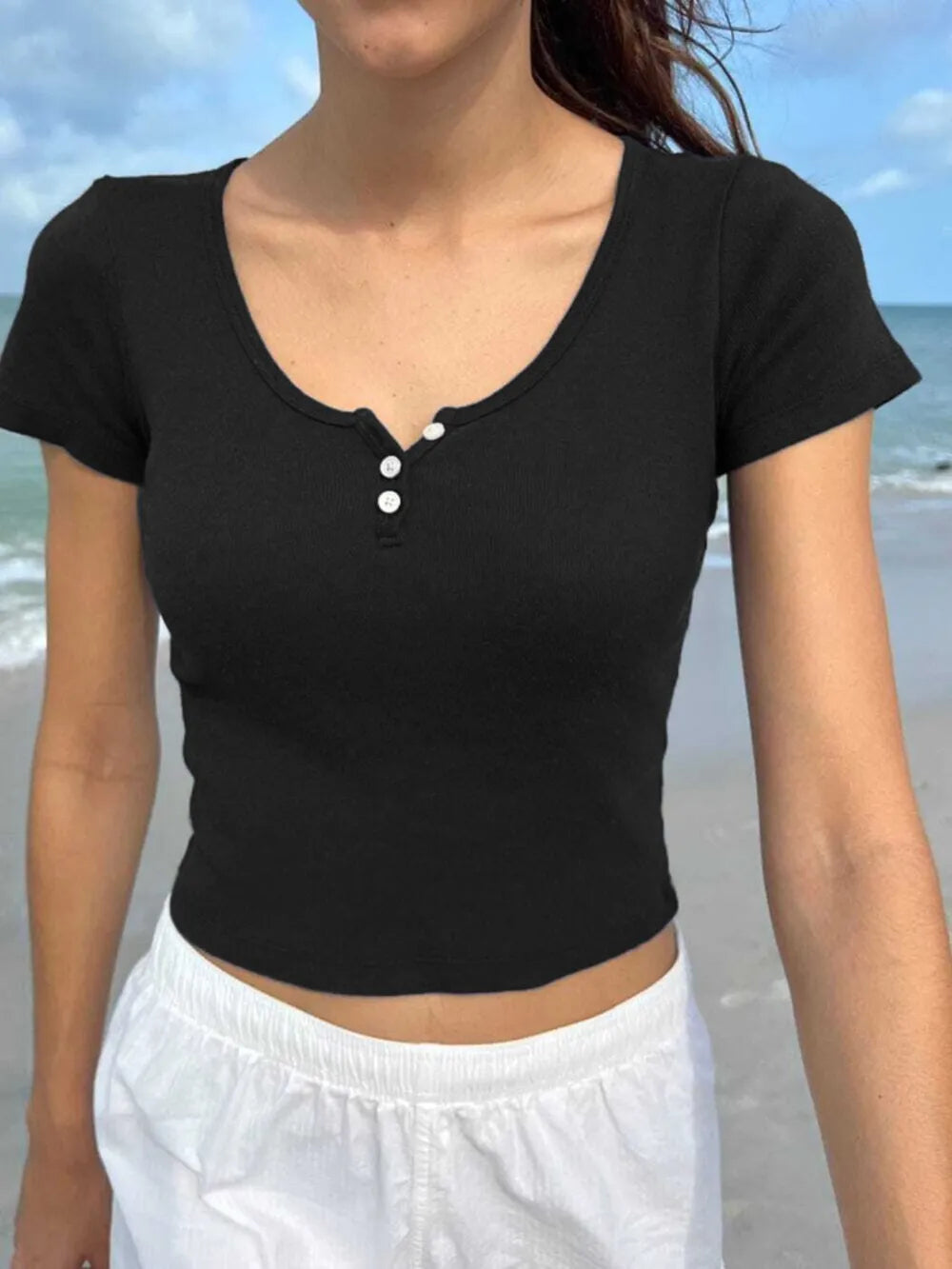 Devine Button Detail Short Sleeve T-Shirt - Roe Creation