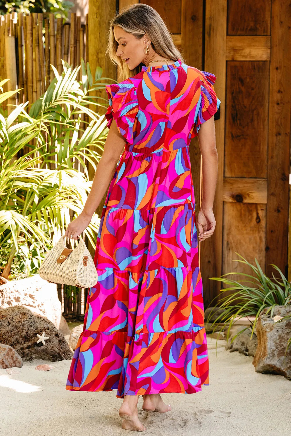 Full Size Printed Ruffled Mock Neck Tiered Dress - Roe Creation