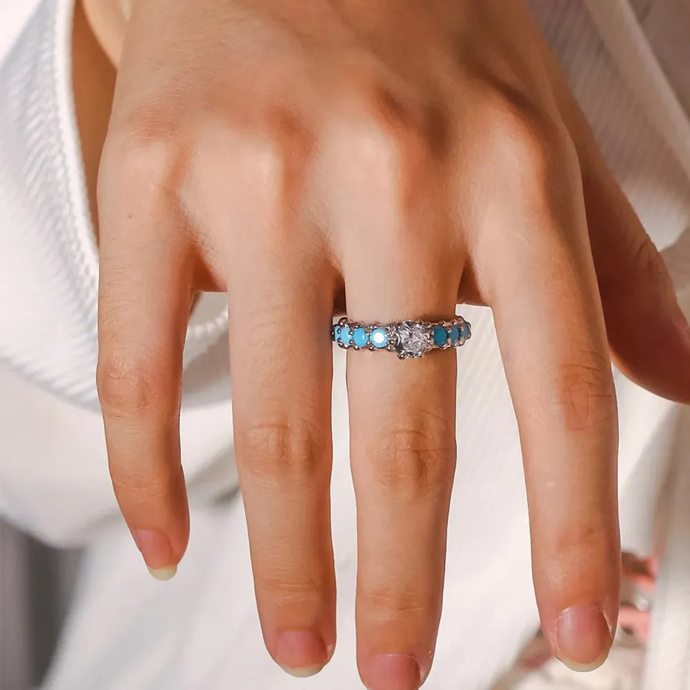 Inlaid Artificial Turquoise Zircon 925 Sterling Silver Ring - Roe Creation