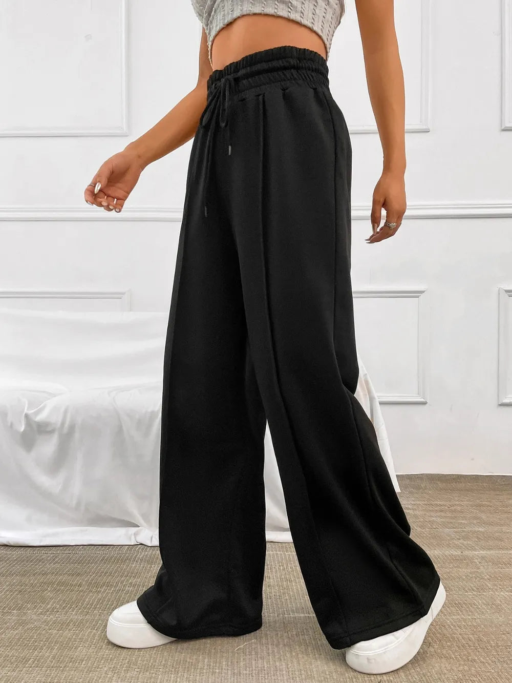 Honey Drawstring Elastic Waist Wide Leg Pants - Roe Creation
