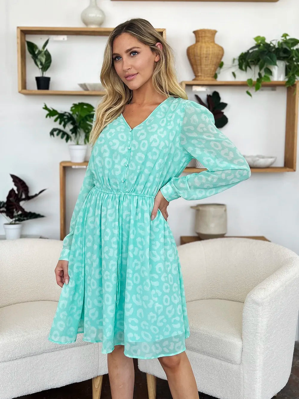 Double Take Full Size Printed Ruched V-Neck Long Sleeve Dress - Roe Creation