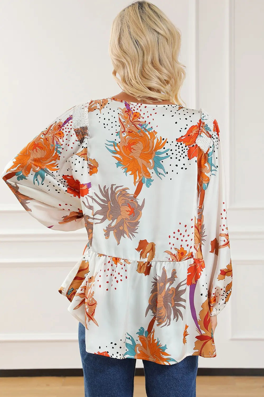 Printed V-Neck Smocked Balloon Sleeve Blouse - Roe Creation