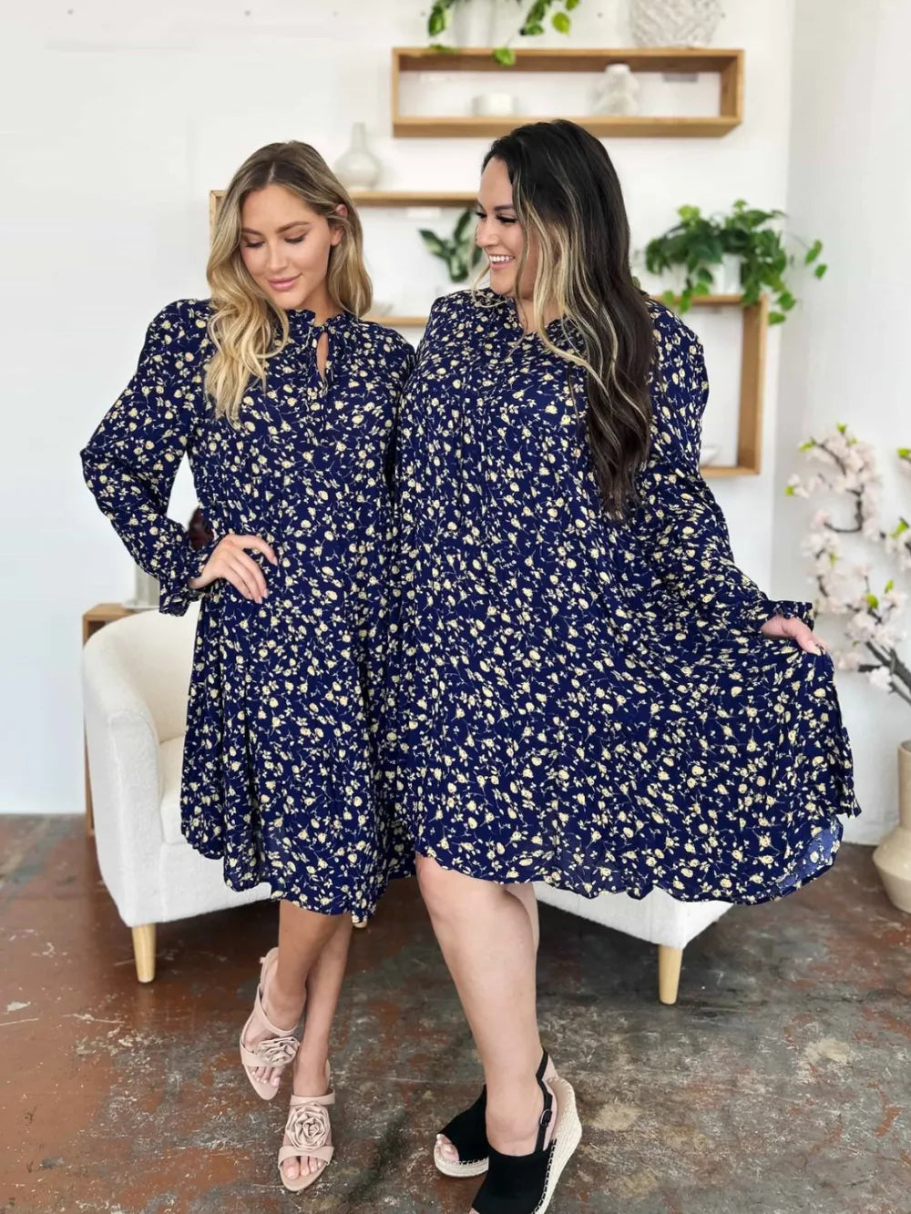Double Take Full Size Printed Ruffle Hem Long Sleeve Tiered Dress - Roe Creation
