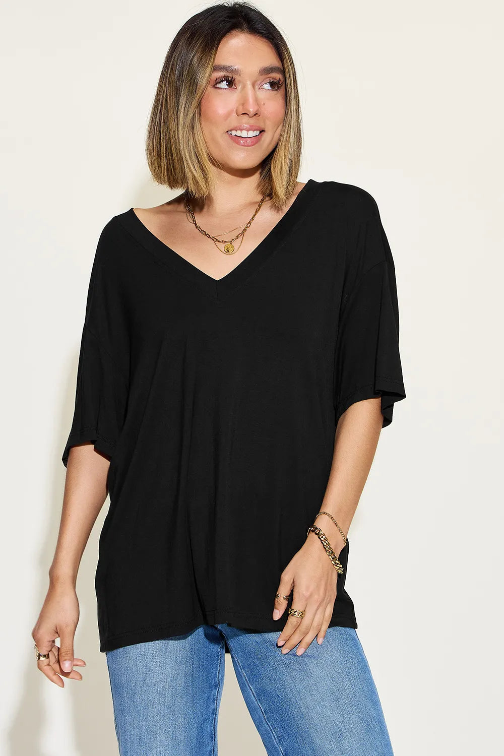 Basic Bae Full Size Bamboo V-Neck Drop Shoulder T-Shirt - Roe Creation