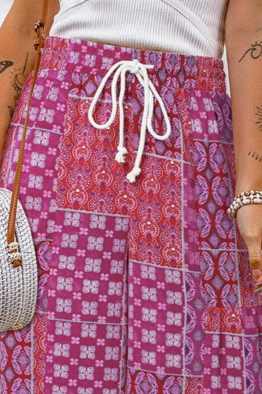 Full Size Drawstring Printed Wide Leg Pants - Roe Creation