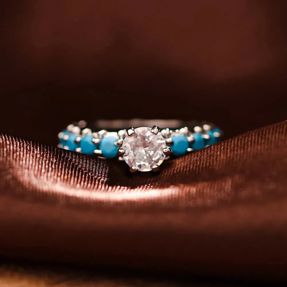 Inlaid Artificial Turquoise Zircon 925 Sterling Silver Ring - Roe Creation