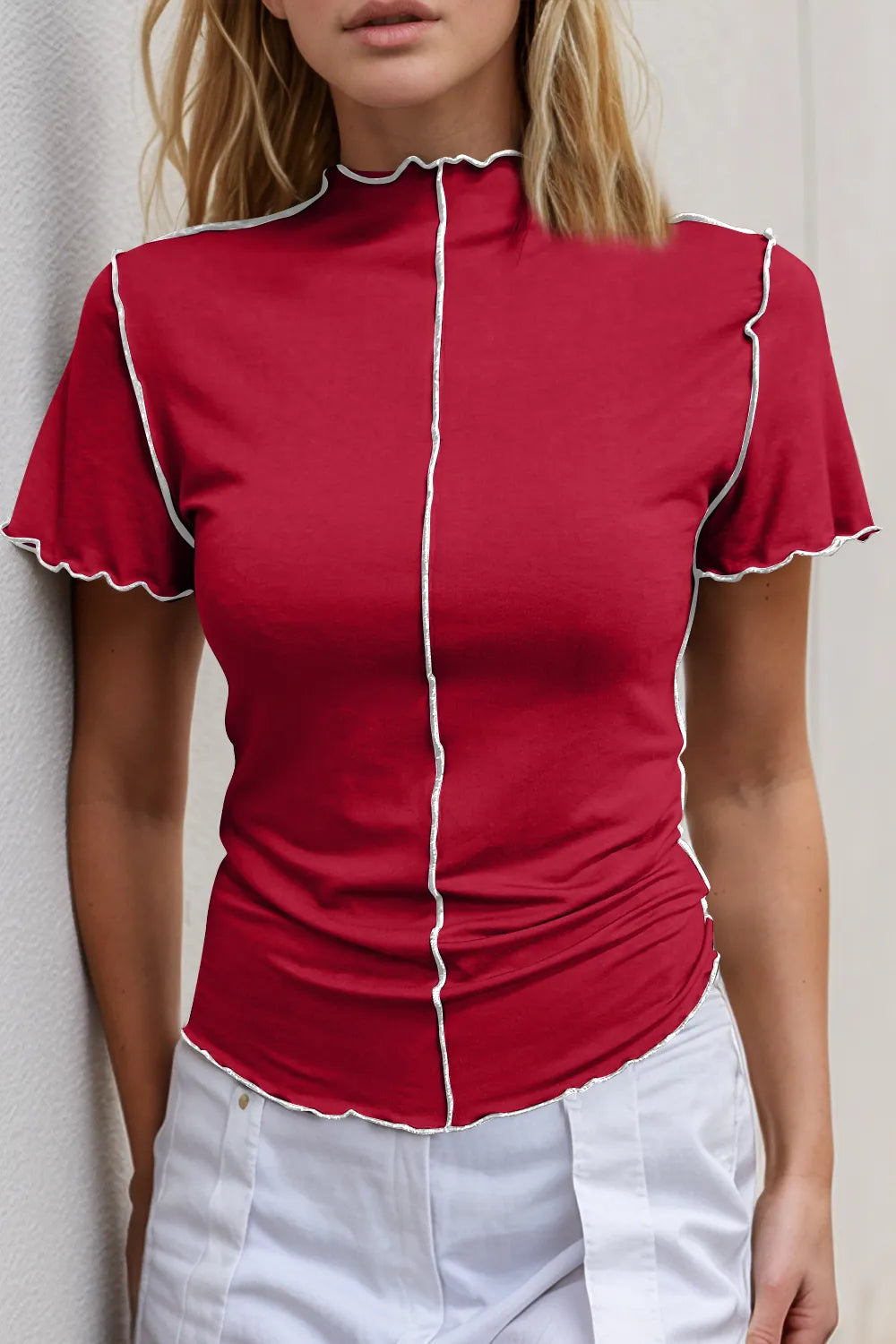 Basic Bae Contrast Trim Mock Neck Short Sleeve T-Shirt - Roe Creation
