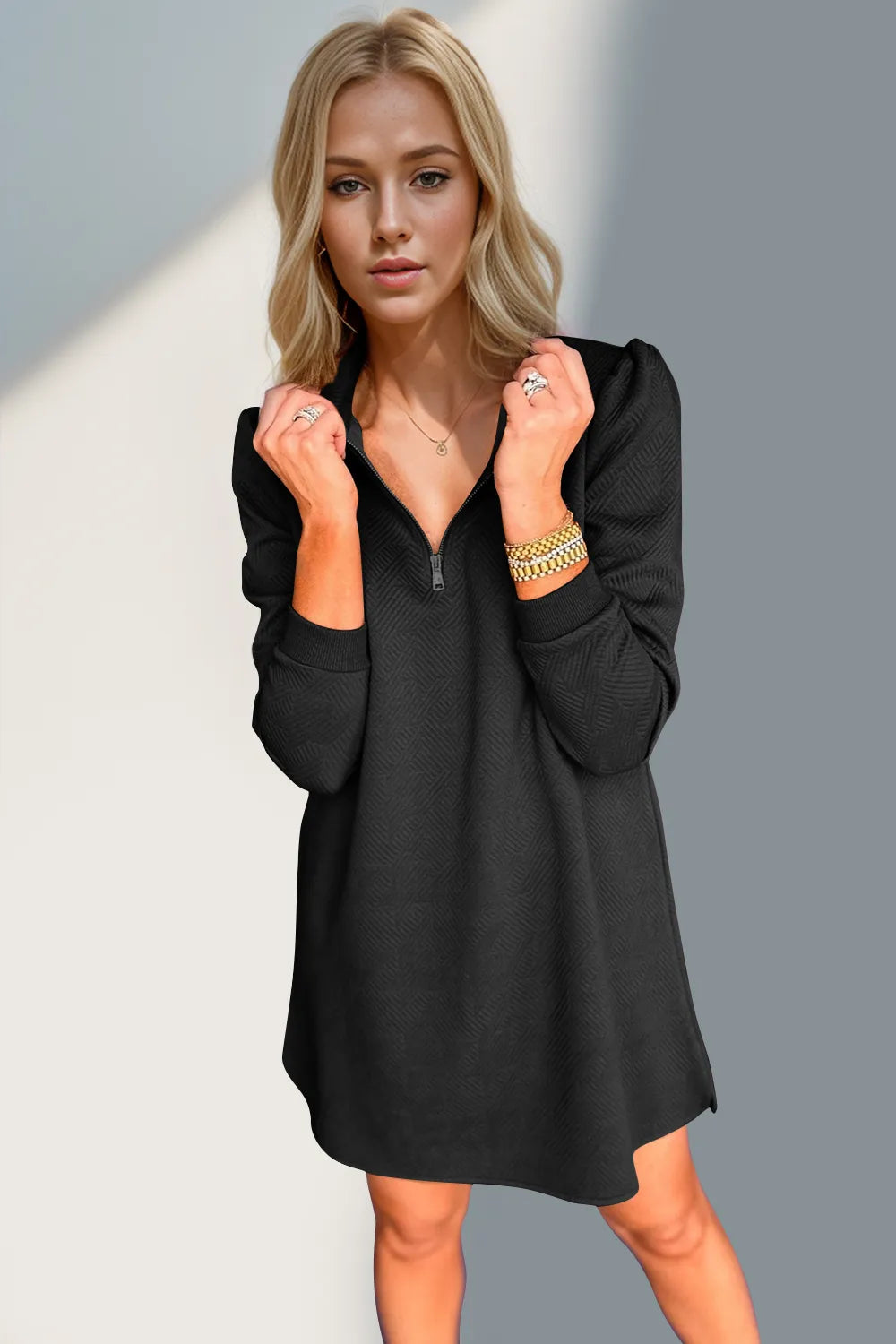 Double Take Textured Quarter Zip Long Sleeve Dress - Roe Creation
